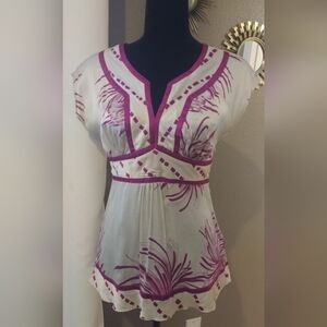 Bebe Light Grey & Fuschia Silk Embellished Blouse